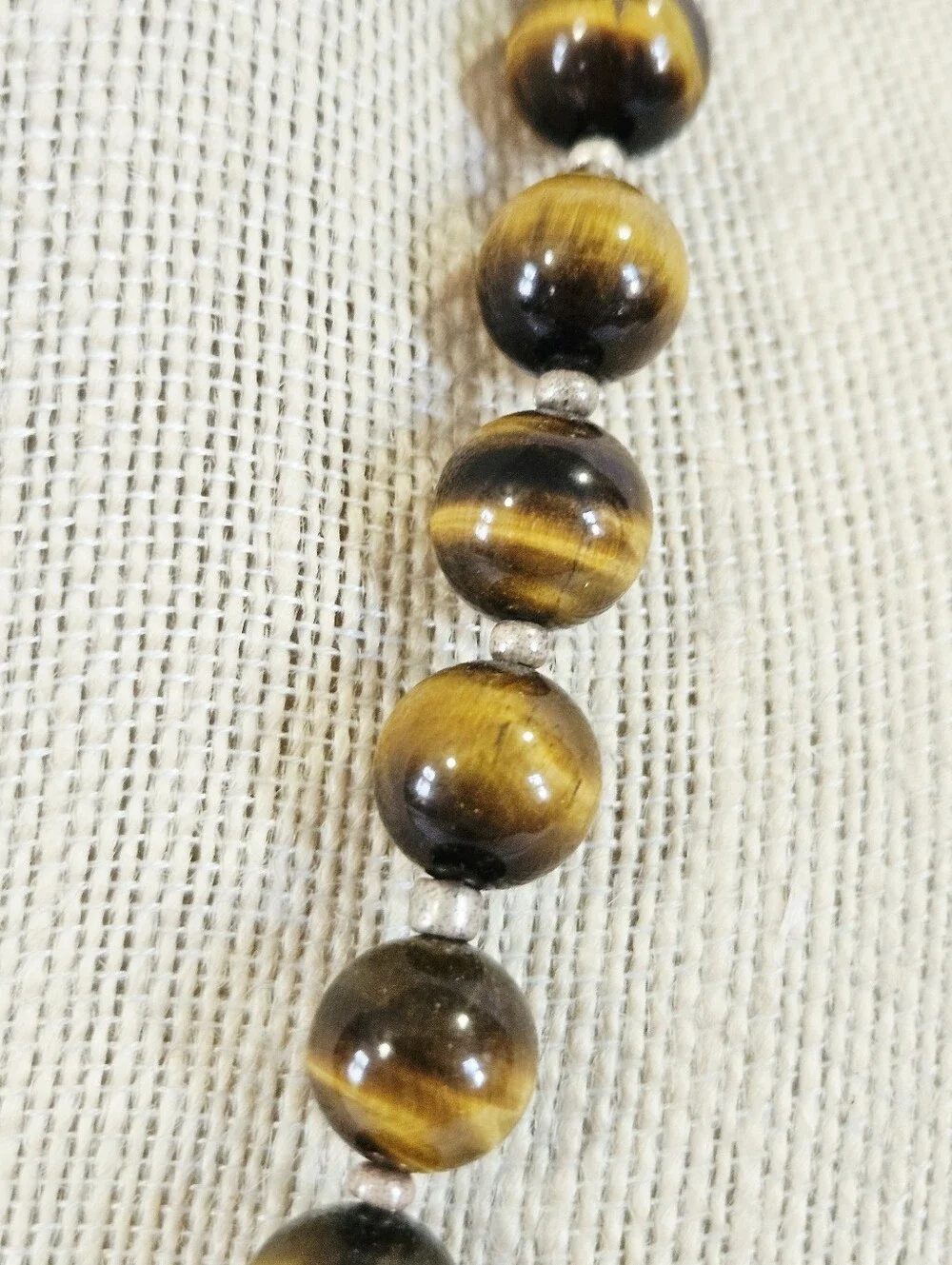 Vintage Tigers Eye Chatoyant Sterling Silver Clasp Long Round Beaded Necklace